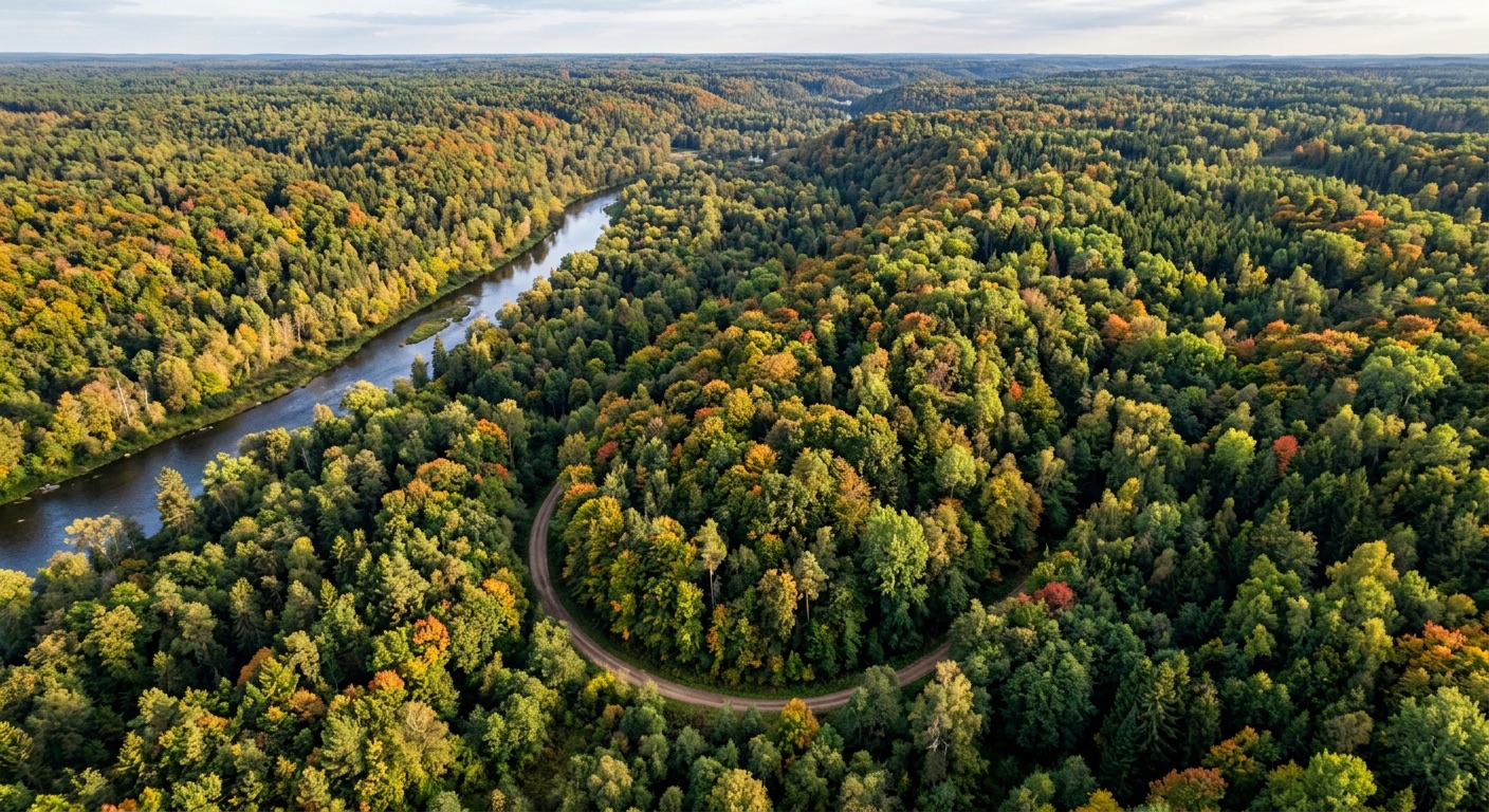 Veduta aerea di un fiume nel bosco